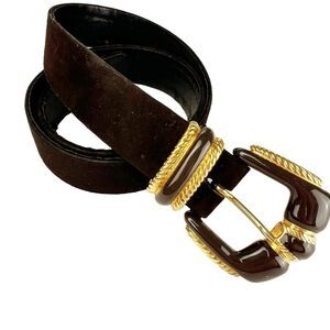 St John Womens Brown Suede Belt Gold Tone & Enamel Buckle Sz 2 Classic Statement